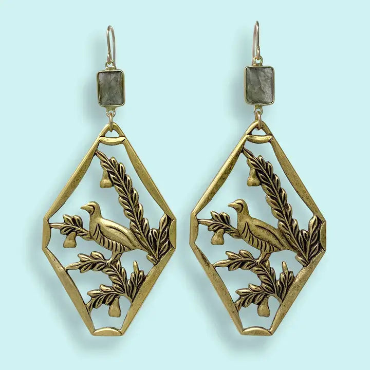 Labradorite, Pheasant and Fauna Earrings from Ornamental Things at Pinch in Northampton, MA