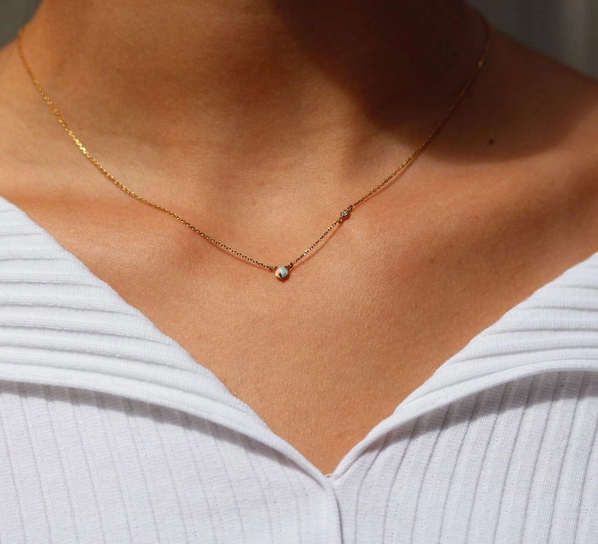 Chain Necklace in Gold Vermeil with Opal and Cubic Zirconia