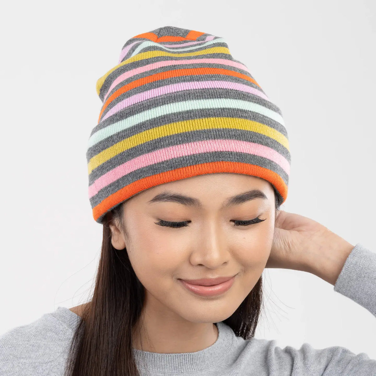 Color Stripe Knit Beanie in Grey