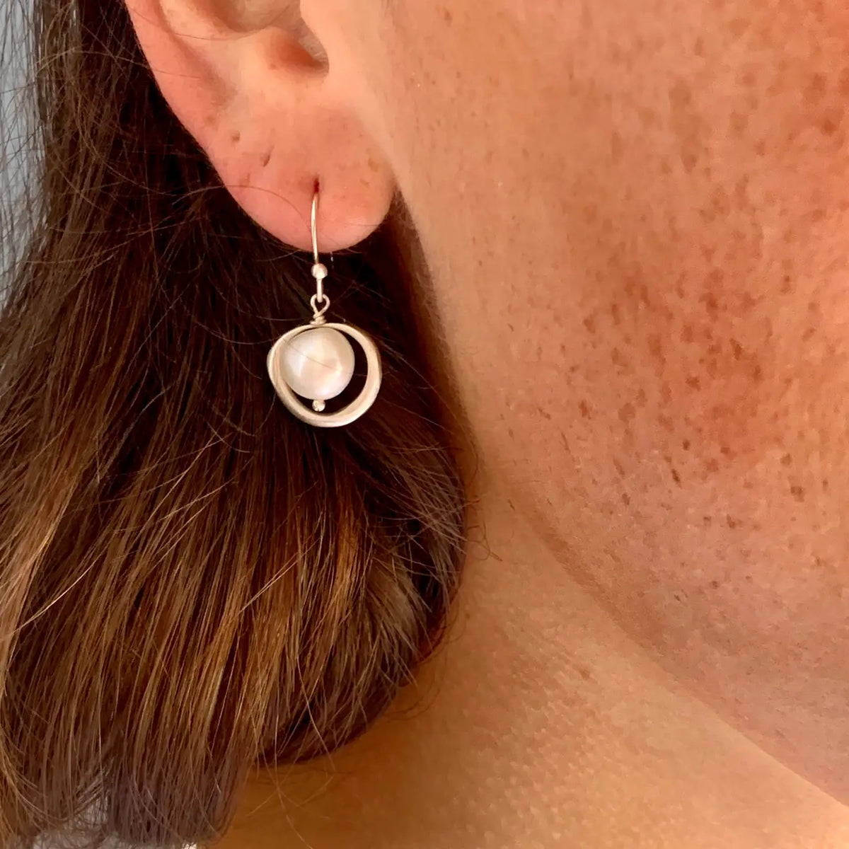 Organic Circle Earrings with Large Pearls in Sterling Silver