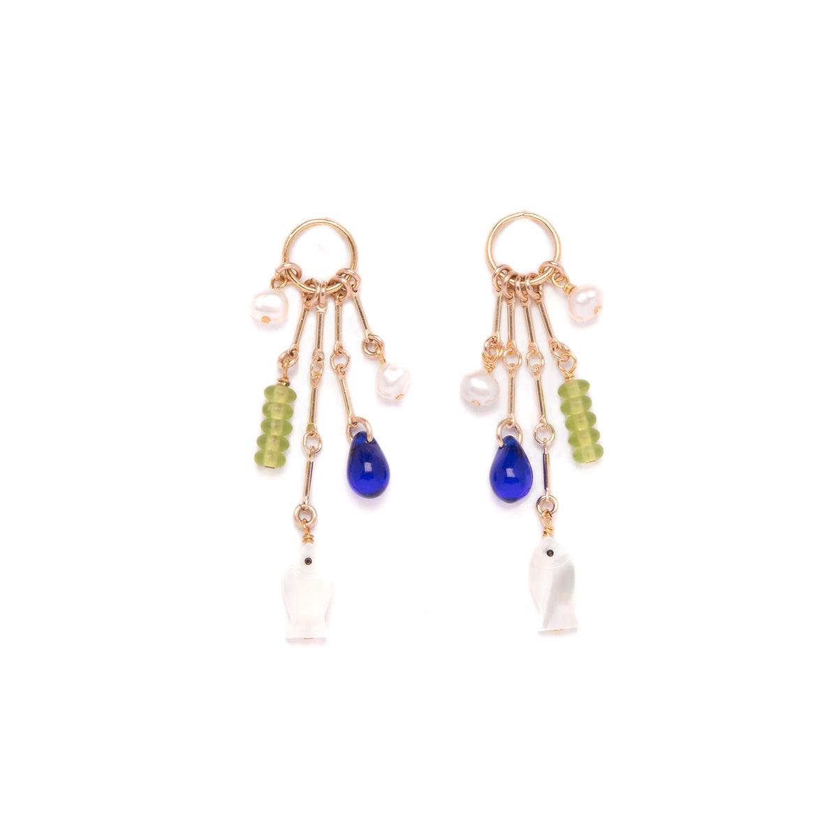 Charm Earrings with Mother of Pearl Fish, Vintage Glass, and Pearls