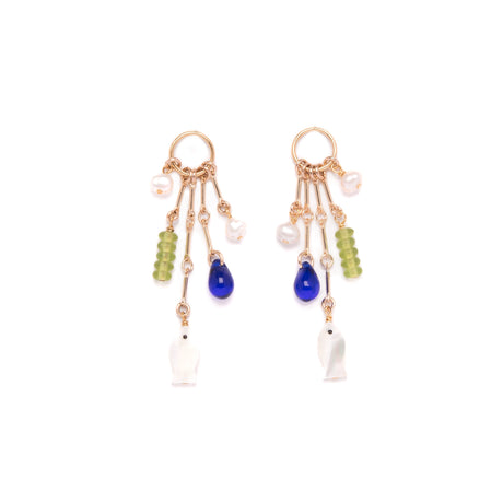 Charm Earrings with Mother of Pearl Fish, Vintage Glass, and Pearls