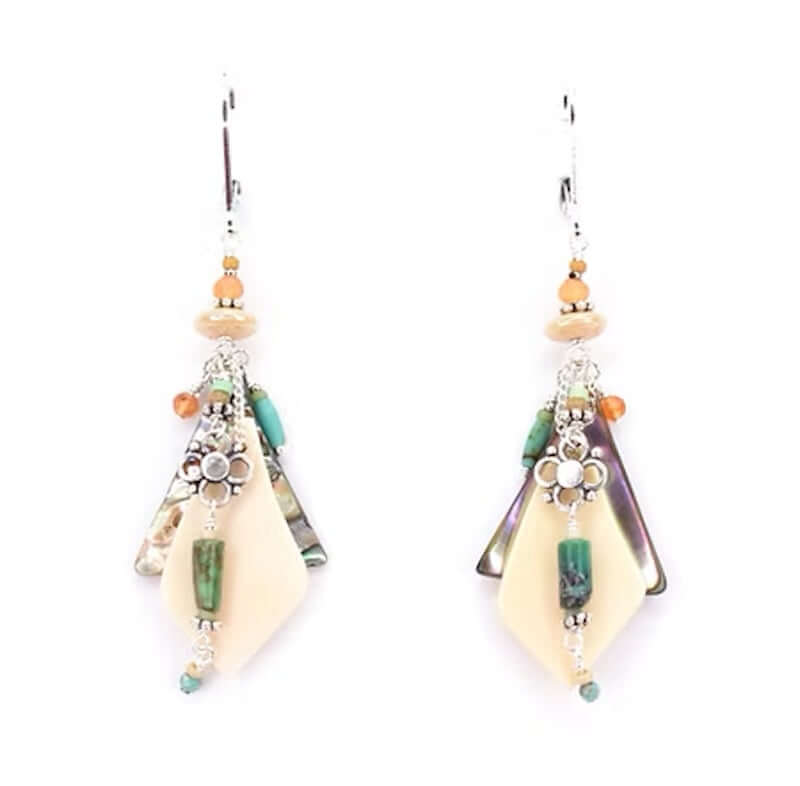 Sterling Silver Earrings with Turquoise, Abalone, Mammoth Tusk, and Carnelian at PINCH