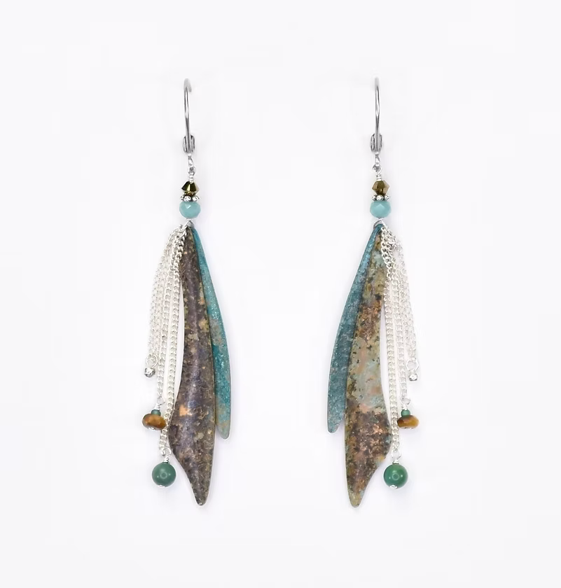 Sterling Silver Tiger Eye, Turquoise, Swarovski Crystal, Patinaed Brass, Earrings
