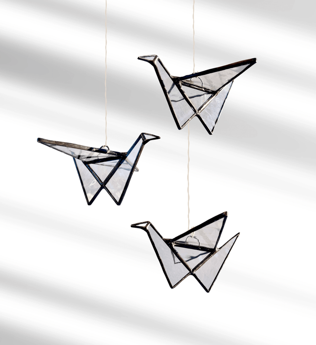 Stained Glass Origami Crane Suncatcher in Clear from Samara Designs Studio at Pinch in Northampton, MA