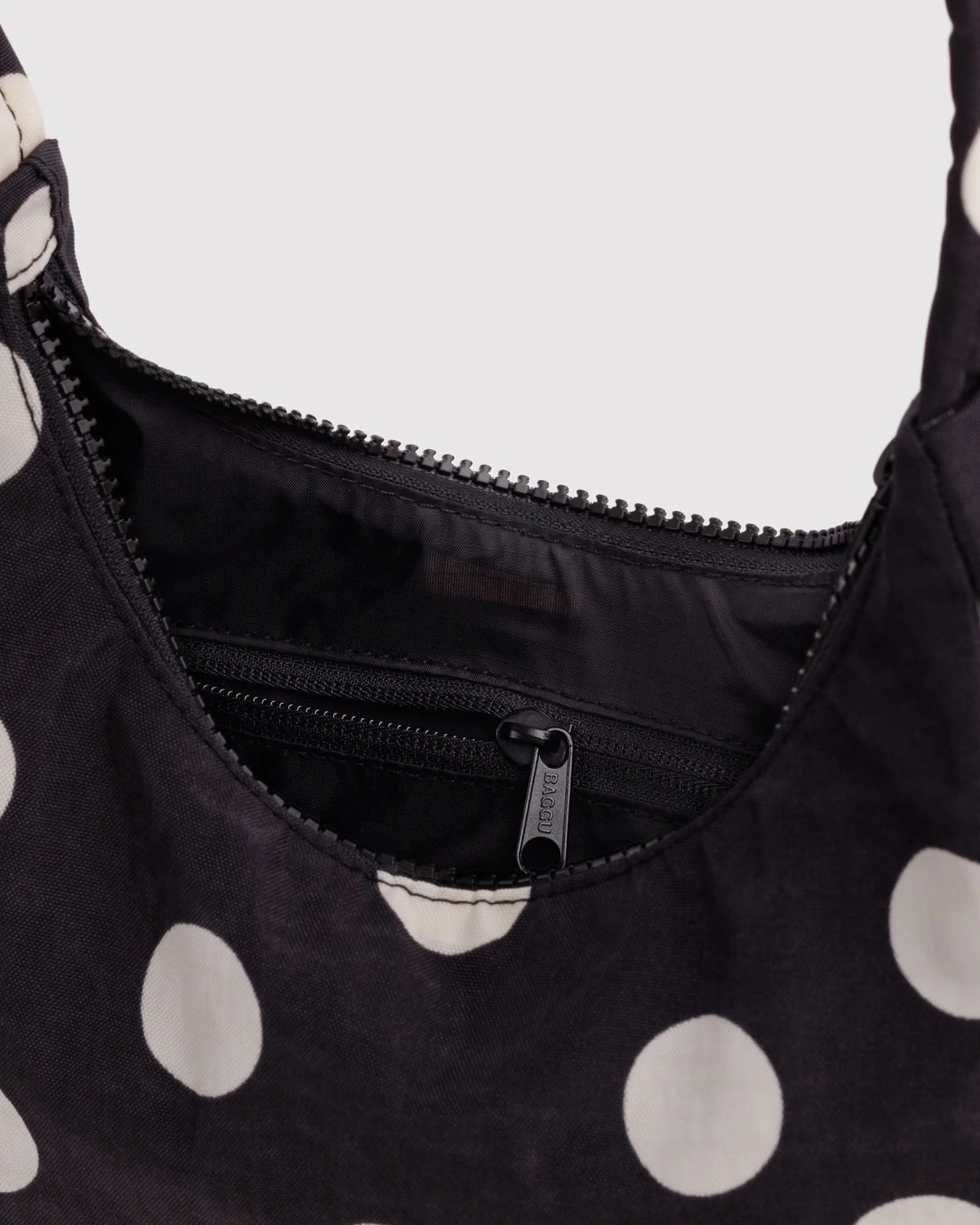 Black and Cream Polka Dot Baggu Mini Nylon Shoulder Bag