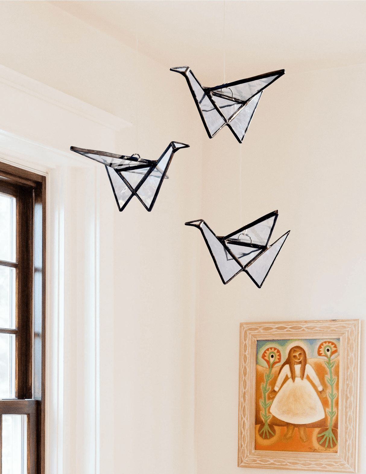 Stained Glass Origami Crane Suncatcher in Clear from Samara Designs Studio at Pinch in Northampton, MA