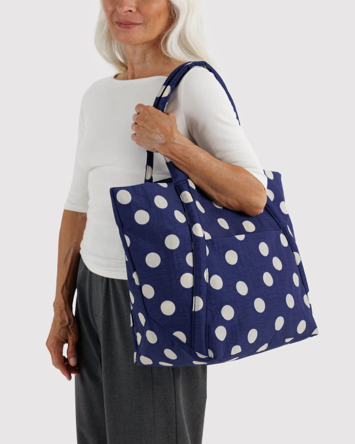 Navy and Cream Polka Dot Baggu Cloud Bag