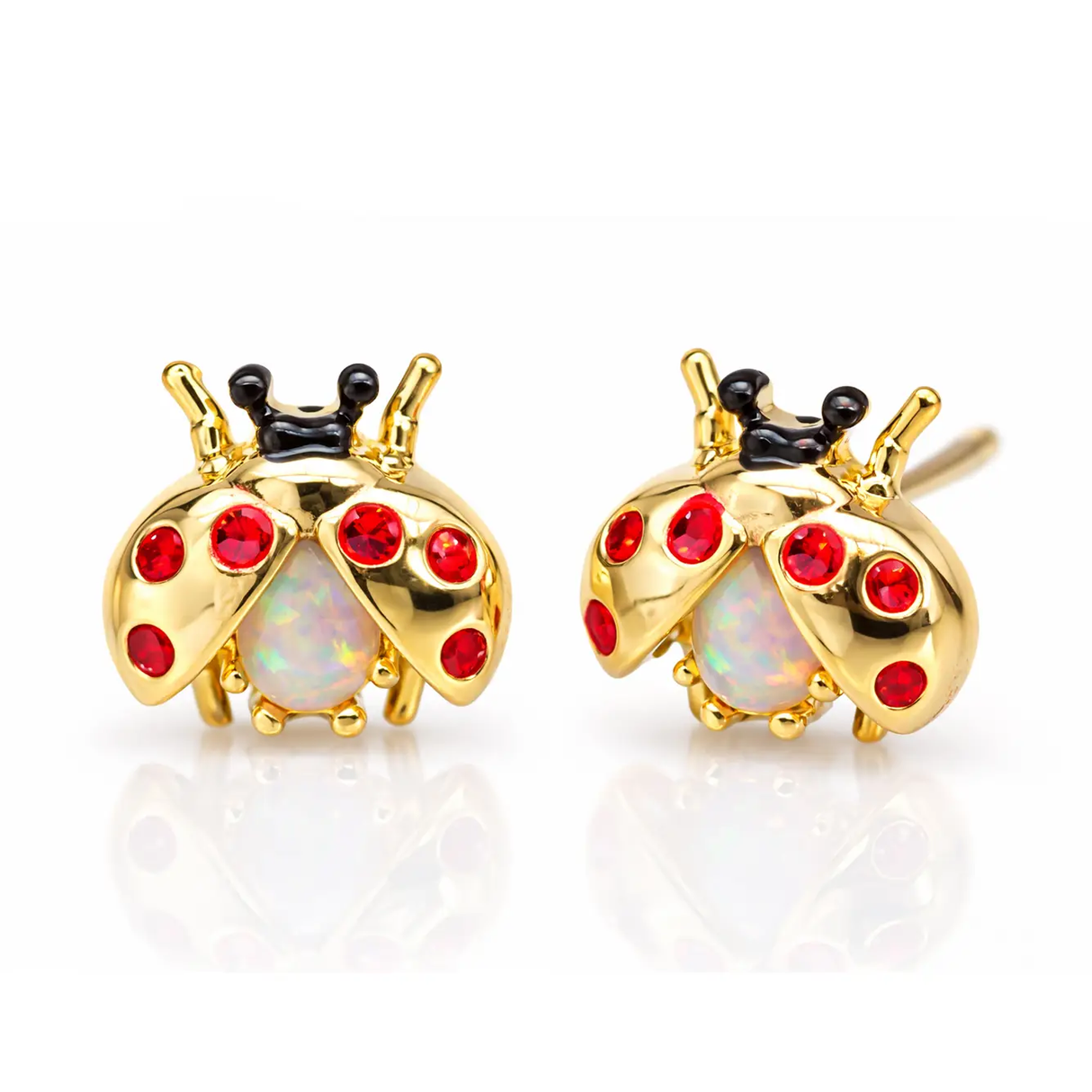 Gold Ladybug Studs in Enamel and Opal