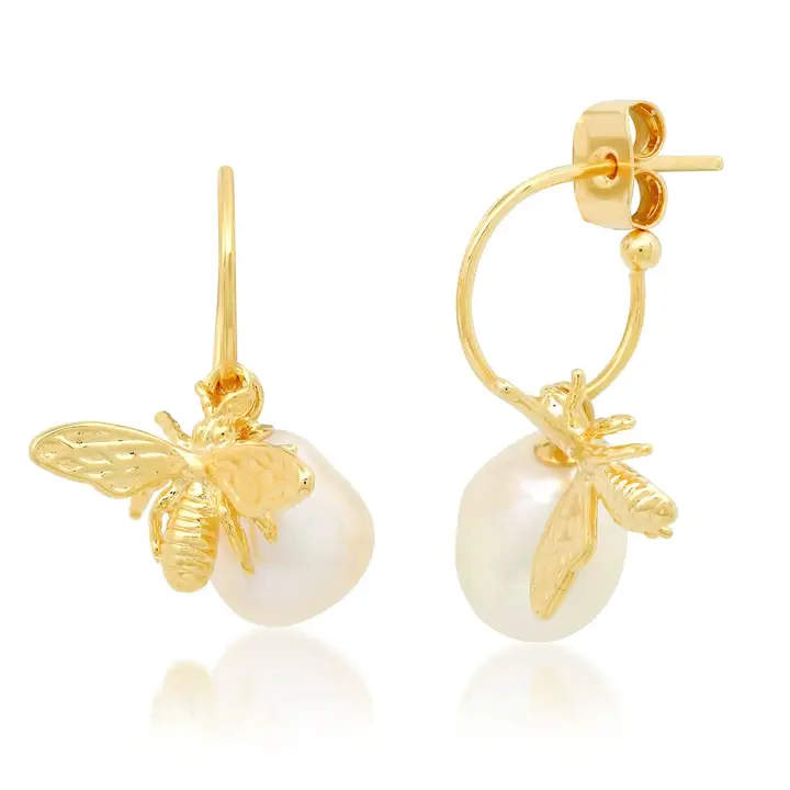 Small Hoop Earrings with Bees and Pearls