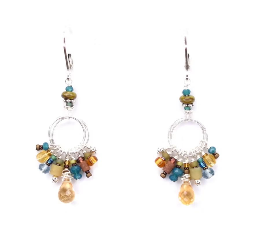 Sterling Silver, Citrine, Serpentine, Bauxite, Apatite, Vintage Glass Beads Earrings