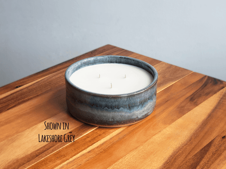 Triple Wick Ceramic Sage and Sandalwood Candle in Lakeshore Grey Glaze from Dock 6 Pottery at Pinch in Northampton, MA