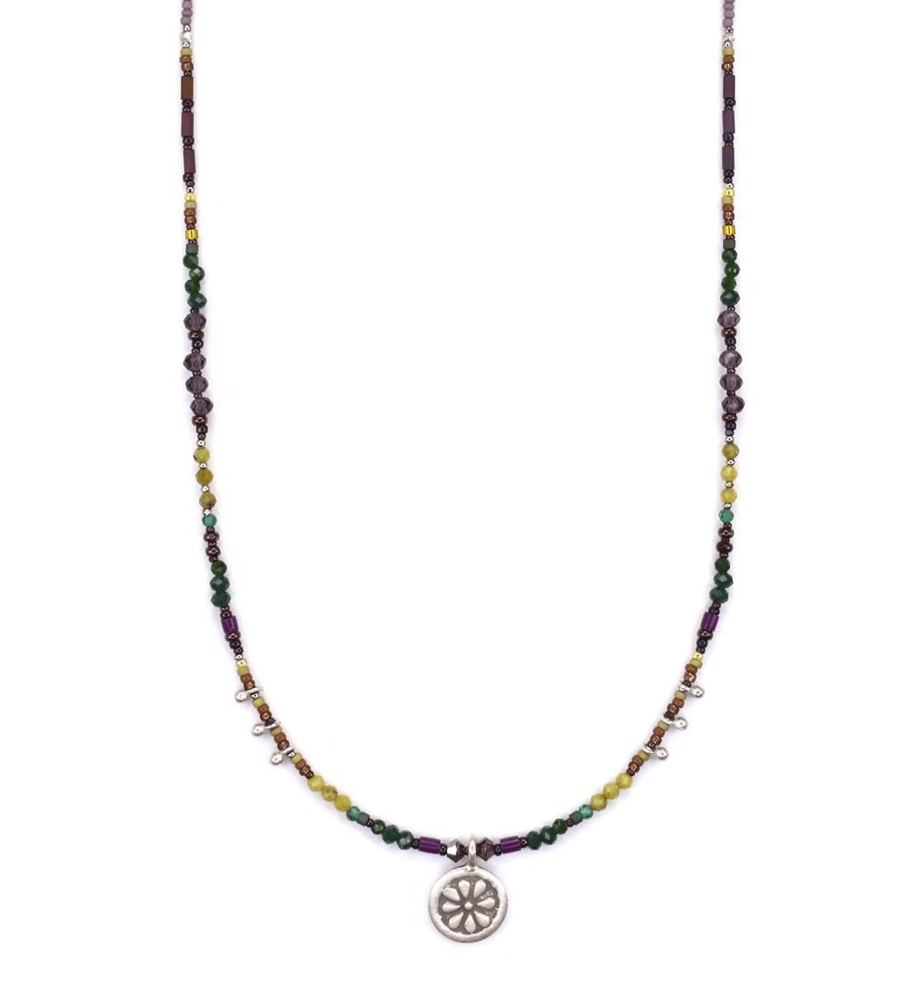 Sterling Silver Necklace with Amethyst, Serpentine, and Quartz at PINCH