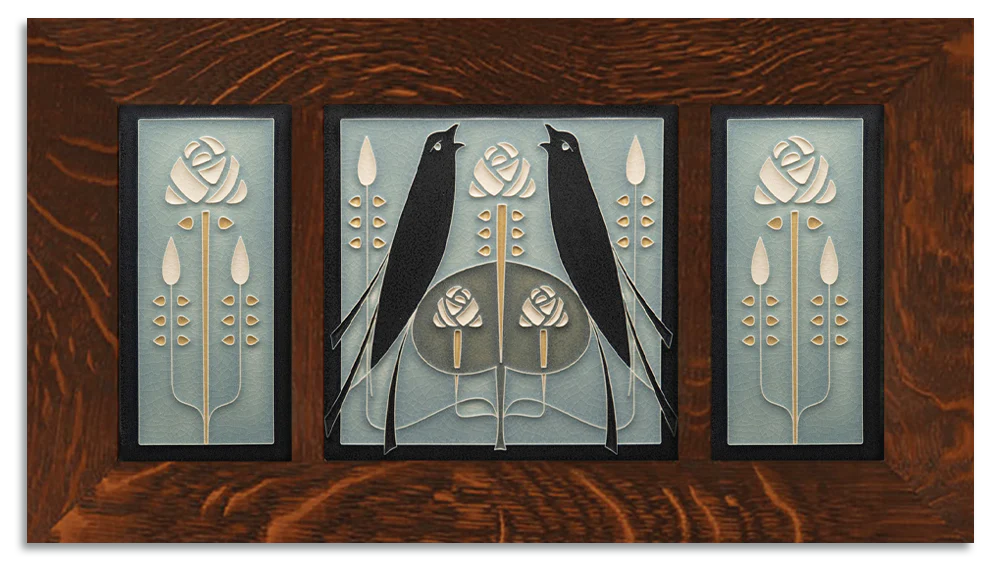 4x8 & 8x8 Songbirds & Long Stem Framed Tile Set in Grey Blue from Motawi Tileworks at Pinch in Northampton, MA